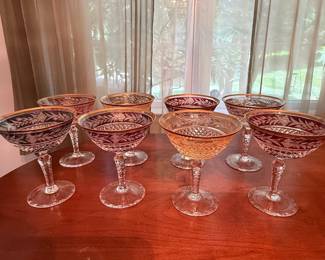 Vintage Bohemian Cut-to-Clear Crystal Champagne Coupes with Gold Rims