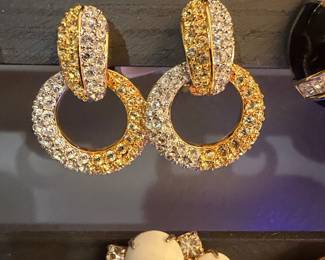 Nolan Miller Signed Crystal and Gold-Tone Door Knocker Hoop Earrings