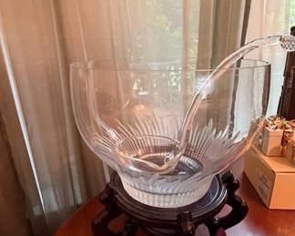 Vintage Pressed Glass Punch Bowl with Ladle and Wooden Stand