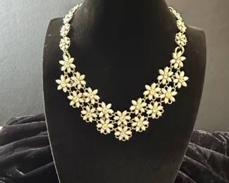 Vintage Coro White Enamel Floral Rhinestone Necklace
