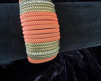 Vintage Coral and Gold Tone Rope Twist Bangle Bracelet with Rhinestones
