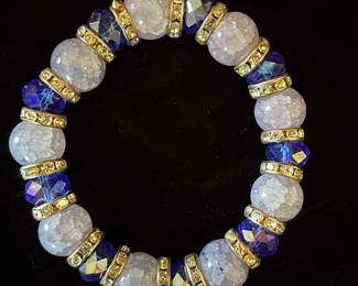 Blue Agate and Crystal Beaded Stretch Bracelet with Rhinestone Spacers