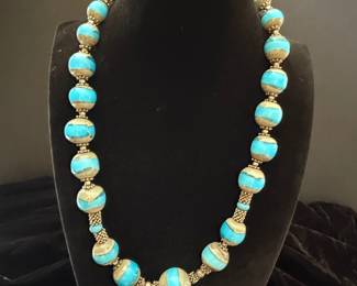Tibetan Style Turquoise and Mixed Metal Beaded Necklace
