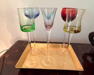 Vintage Multi-Colored Long-Stem Liqueur Glasses Set with Tray