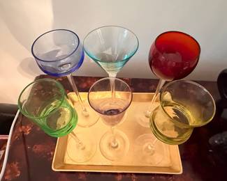 Vintage Multi-Colored Long-Stem Liqueur Glasses Set with Tray