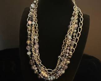 Multi-Strand Beaded Necklace with Silver-Tone Chains and Lavender/Grey Beads