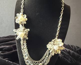 Silver-Tone Multi-Strand Flower and Bead Necklace