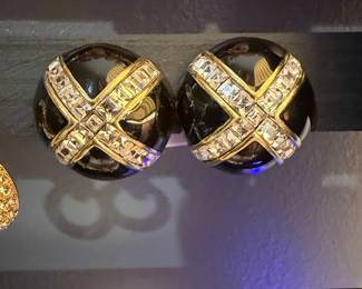 Vintage Ciner Black Enamel Crystal "X" Clip-On Earrings