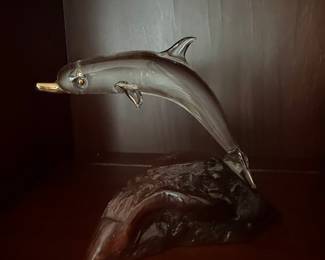 Vintage Glass Dolphin Sculpture on Wood Base