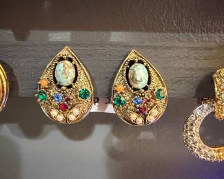 Teardrop Dangle Earrings with Turquoise-like Cabochon and Multicolored Rhinestones