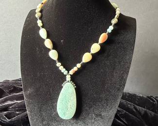 Aventurine and Mixed Gemstone Beaded Necklace with Teardrop Pendant