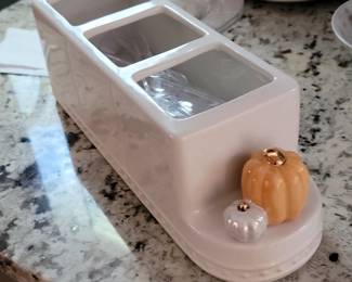 Nora Fleming Three-Compartment Ceramic Utensil Caddy with Pumpkin Accents