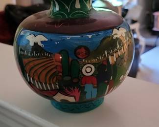 Vintage Isidoro Mexican Folk Art Hand-Painted Terracotta Vase