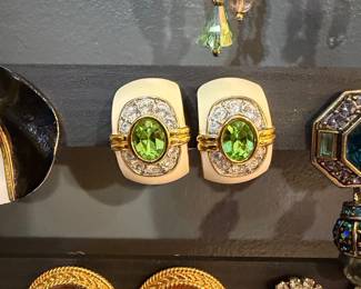 Kenneth Jay Lane Green Stone and Crystal Earrings