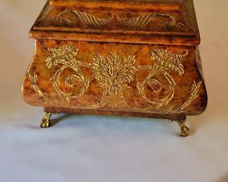 Vintage Burl Wood Jewelry Casket with Ornate Gold-Toned Appliques