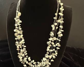 Multi-Strand White Stone and Crystal Waterfall Necklace