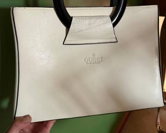 Vintage White Leather Handbag with Black Round Handles