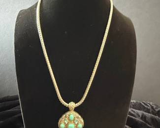 Vintage Turquoise and Crystal Filigree Pendant Necklace