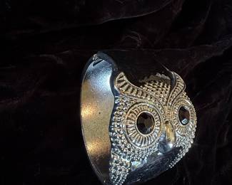 Silver Tone Owl Clamper Bracelet with Black Gemstone Eyes and Black Sequin Chest