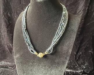 Multi-Strand Hematite Beaded Necklace with Gold-Tone Magnetic Clasp