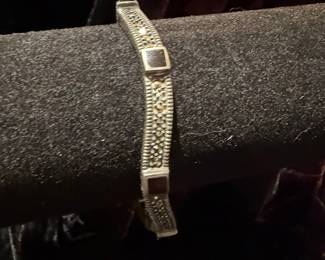Vintage Sterling Silver Marcasite and Onyx Bracelet