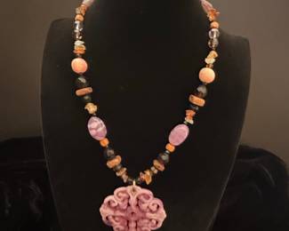 Vintage Carved Lavender Stone Pendant Necklace with Mixed Gemstones