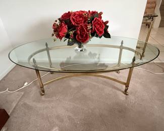 Vintage Hollywood Regency Brass and Glass Oval Coffee Table with Hoof Feet