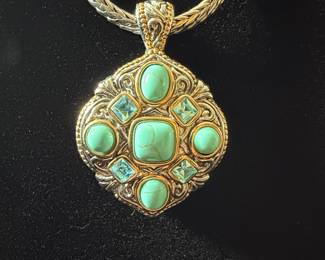 Vintage Turquoise and Crystal Filigree Pendant Necklace