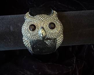 Silver Tone Owl Clamper Bracelet with Black Gemstone Eyes and Black Sequin Chest