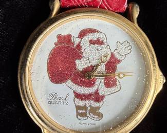 Pearl Quartz Santa Watch with Red Faux Crocodile Strap
