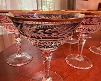 Vintage Bohemian Cut-to-Clear Crystal Champagne Coupes with Gold Rims