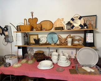 Corelle dish set, bakeware, Longaberger and other baskets, clocks, payphone,