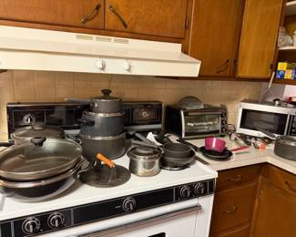 pots and pans, toaster oven, microwave