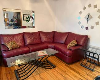 red sectional, tables