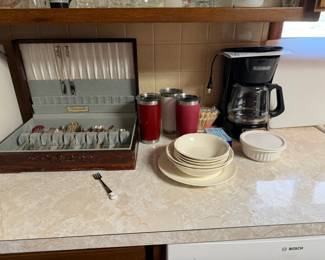 Flatware, Yeti mugs, coffee pot
