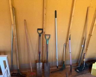 shovels, rakes, axe, tools