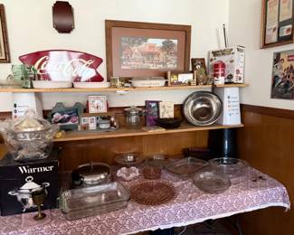 food warmer (NIB), pie plates, depression glass, Coke Decor, glass baking dishes, metal bowl
