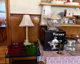 metal shelves, lamp
