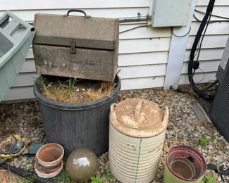 tool box, water cooler, flower pots