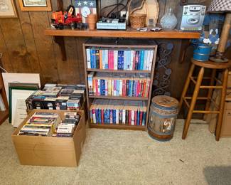 movies, books, small bookcase, stool, 