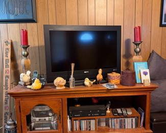 TV Cabinet, TV, stereo, decor, DVDs, clock