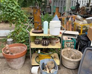 utility cart, flower pots, bird feeder