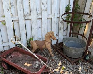 wagon, horse, wash tub