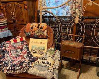 chair, bed frames, blankets, 