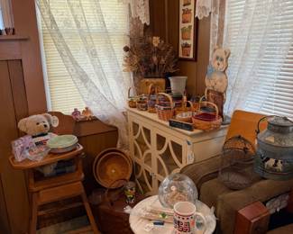 cabinet, baskets, marble top table, vintage high chair