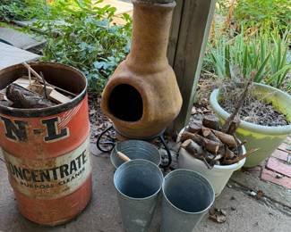 wood, vintage oil can, chimenea