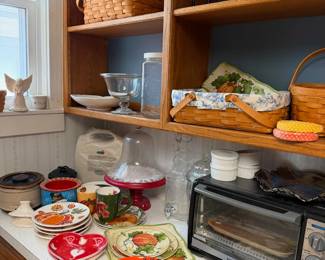 plates, toaster oven, Longaberger Baskets,