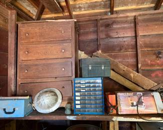 chest of drawers--rough shape, tools, lunch box, organizer