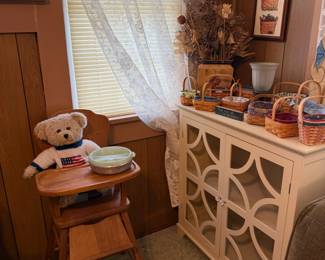 wood high chair, bear, child dish, small cabinet, Longaberger baskets