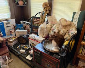 trundle bed, NIB cookware, shower chair, household items, pillows, decor